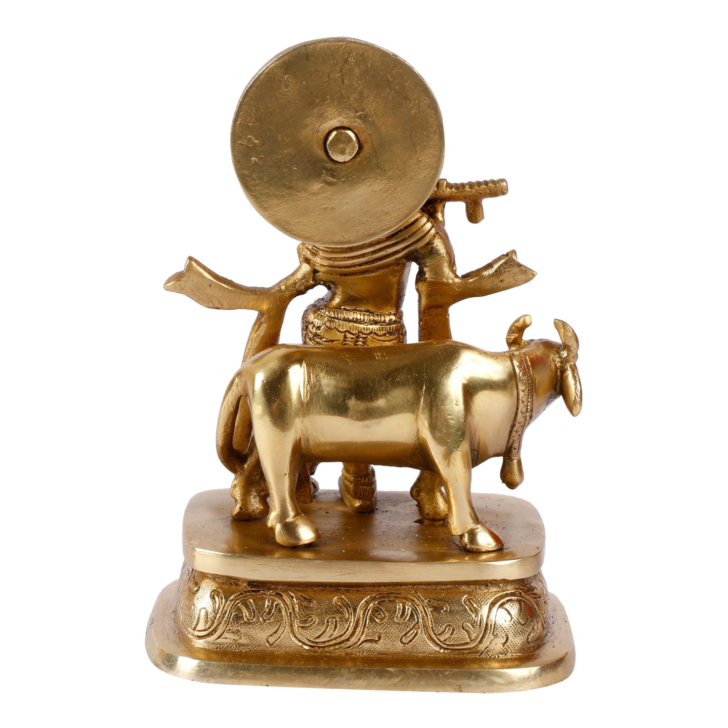 Brass Krishna Bhagwan Idol with Gau Mata in Gold Color Height 6.5 Inch - SvarupArt