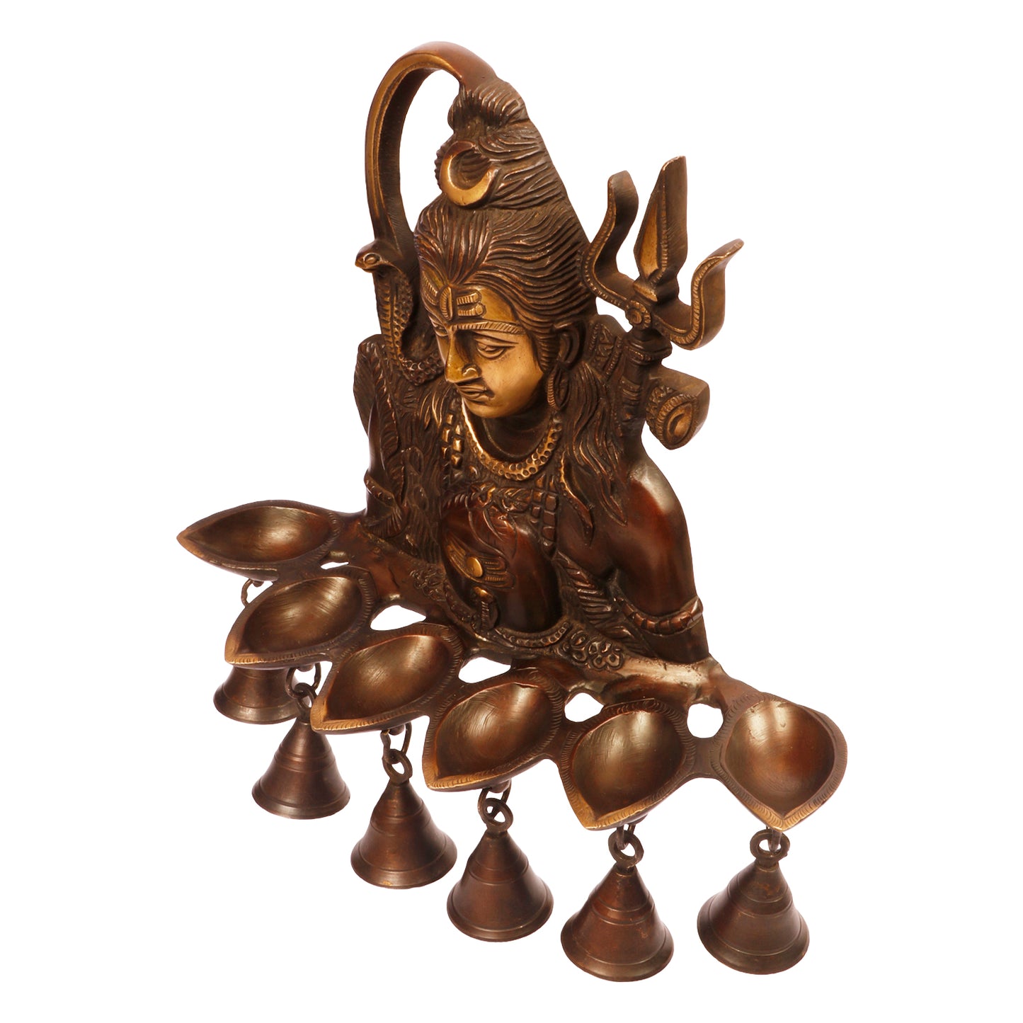 12 Inch Brass Shiva Statue with Diyas and Bells: Antique Bronze Decor - SvarupArt