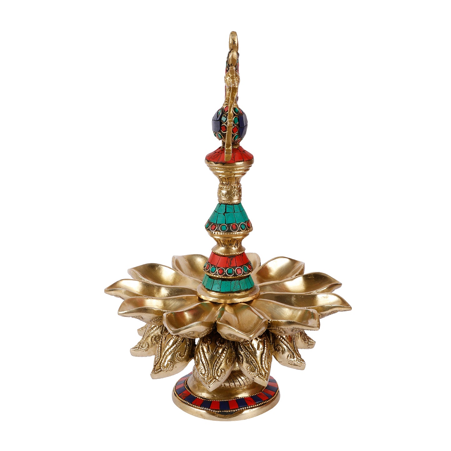 Brass Diyas for Puja : Peacock Oil Lamp Diya with Table Stand for Decoration in Home Temple Mandir Multicolor Stone Work - SvarupArt