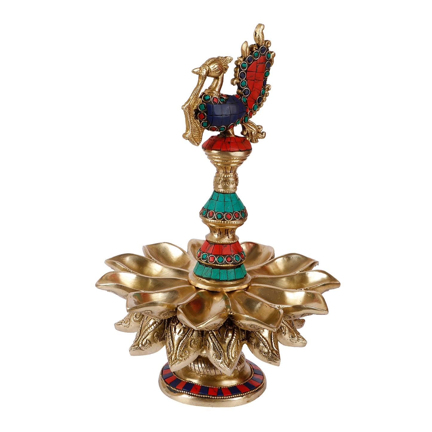Brass Diyas for Puja : Peacock Oil Lamp Diya with Table Stand for Decoration in Home Temple Mandir Multicolor Stone Work - SvarupArt