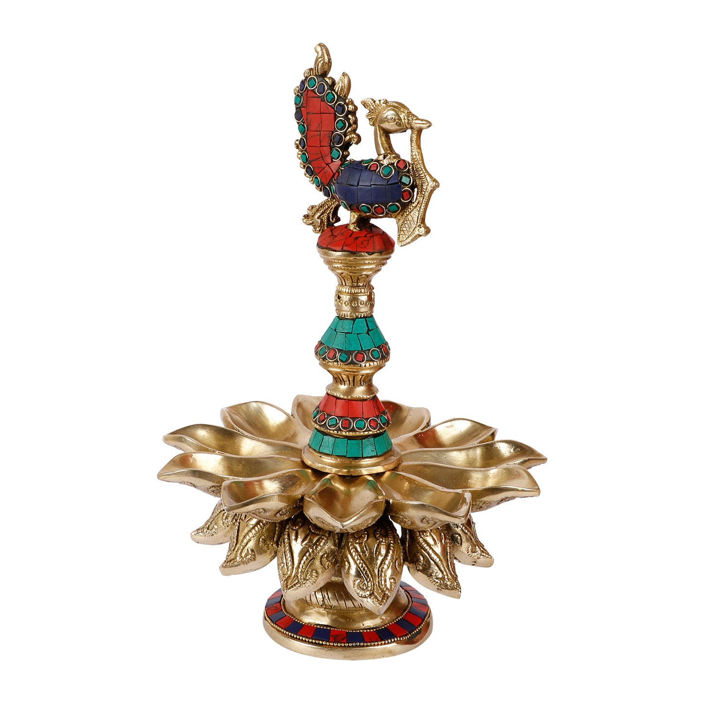 Brass Diyas for Puja : Peacock Oil Lamp Diya with Table Stand for Decoration in Home Temple Mandir Multicolor Stone Work - SvarupArt