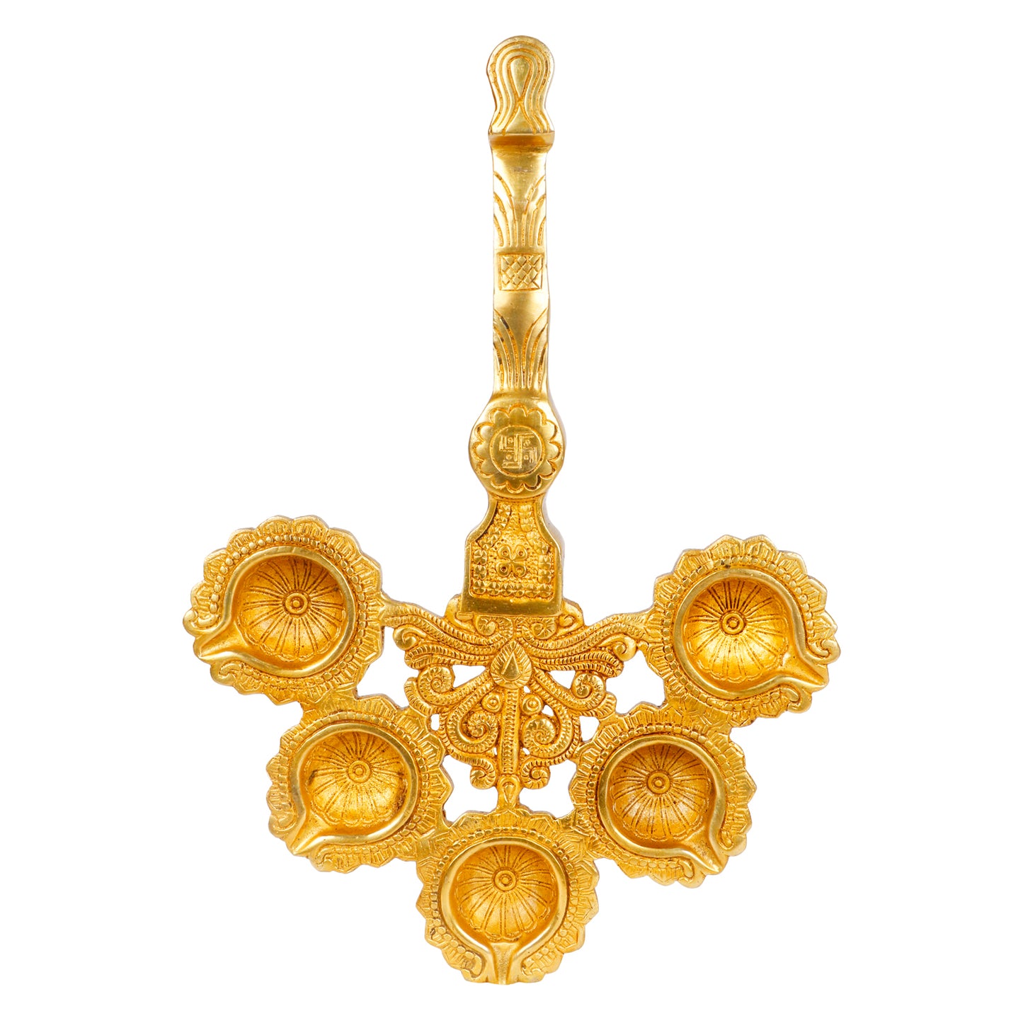 12 Inch Gold Color Brass Long Handle Panch Arti Oil Lamp Diya: Perfect for Temple Aarti - SvarupArt