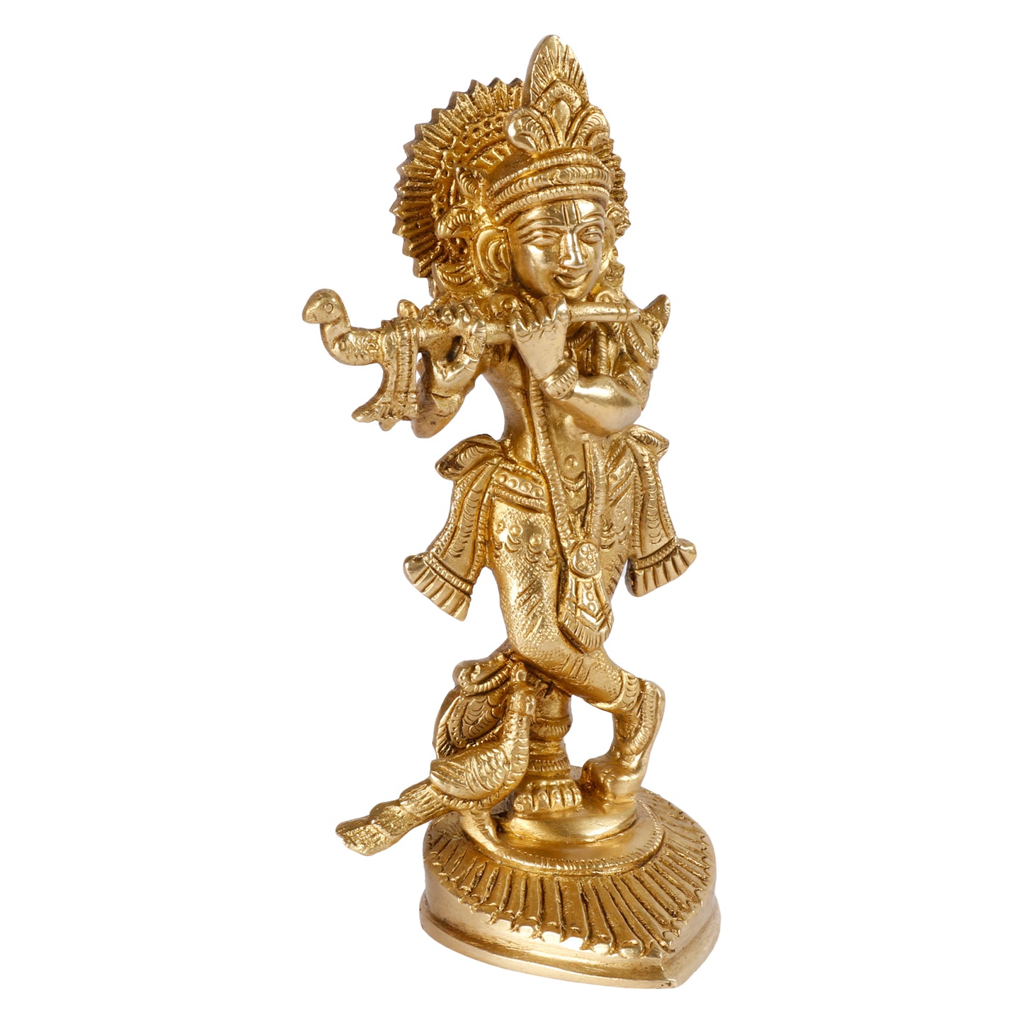 Brass Krishna Murti with Peacock in Gold Color Height 6 Inch - SvarupArt