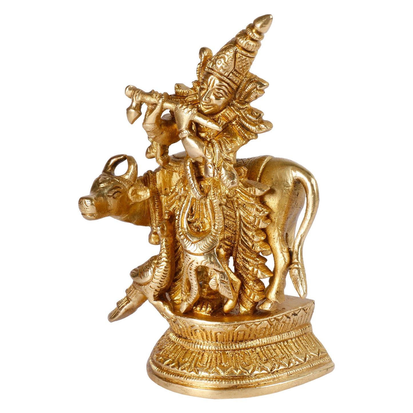 Brass Krishna Bhagwan Idol with Gau Mata in Gold Color Height 5 Inch - SvarupArt