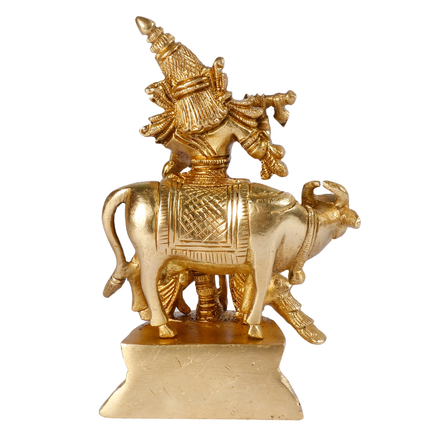 Brass Krishna Bhagwan Idol with Gau Mata in Gold Color Height 5 Inch - SvarupArt