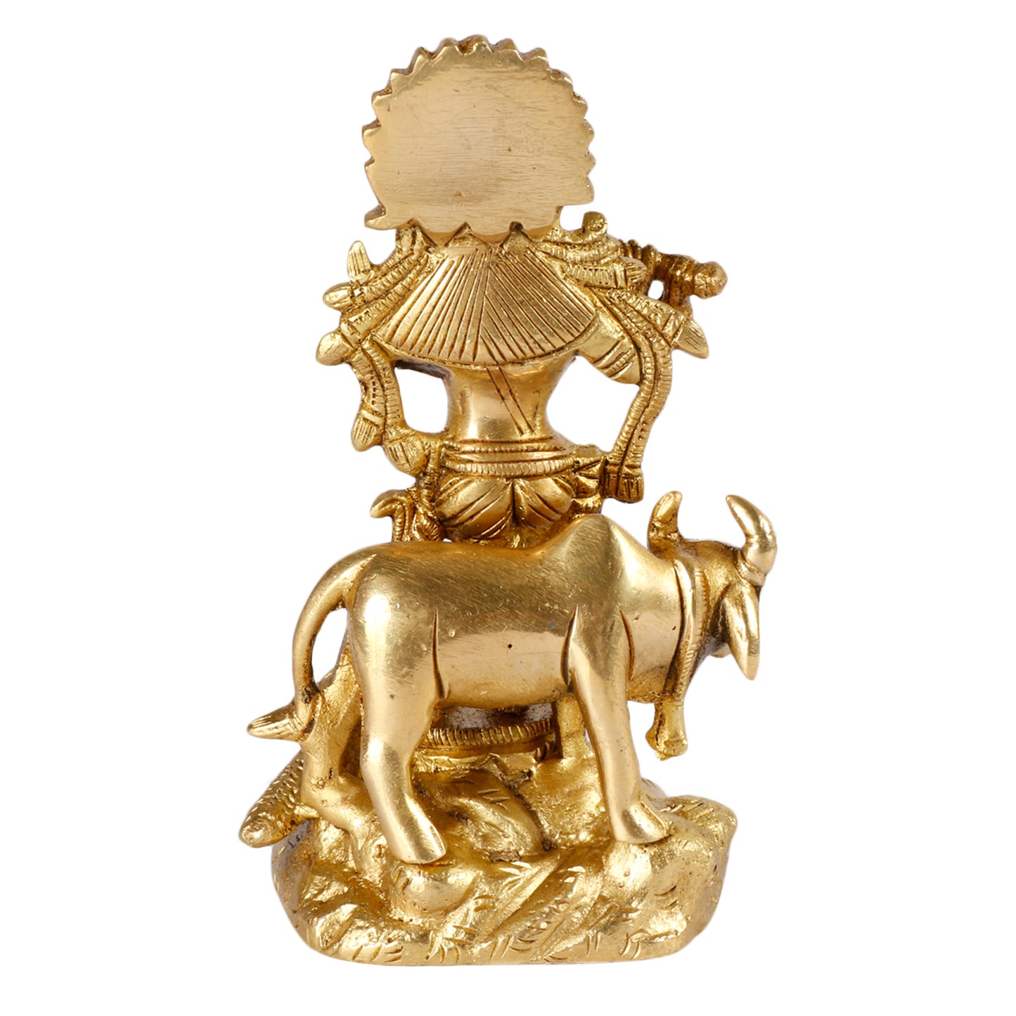 Brass Krishna Bhagwan Idol with Gau Mata in Gold Color Height 4.75 Inch - SvarupArt