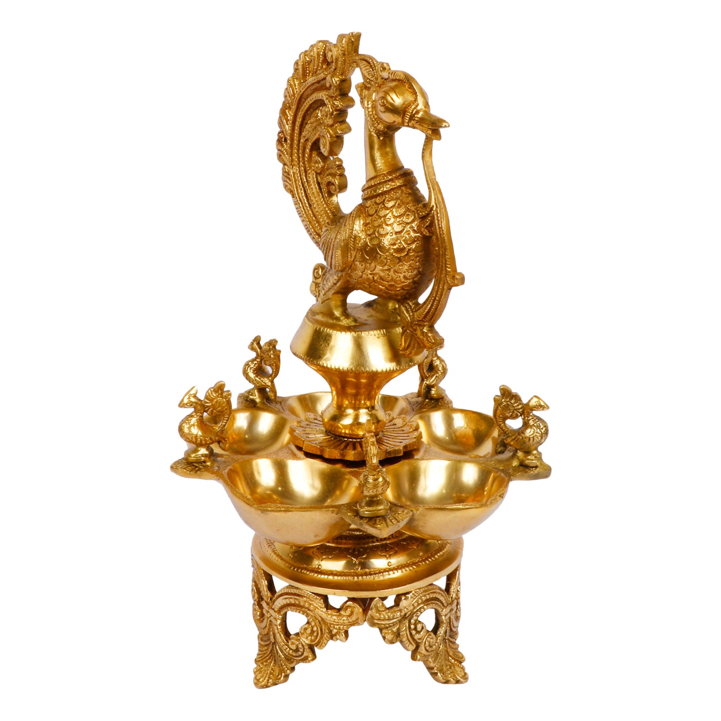 12 Inch Gold Color Brass Peacock Diya: Perfect for Home Temple Aarti, Camphor Burn, and Table Mandir - SvarupArt
