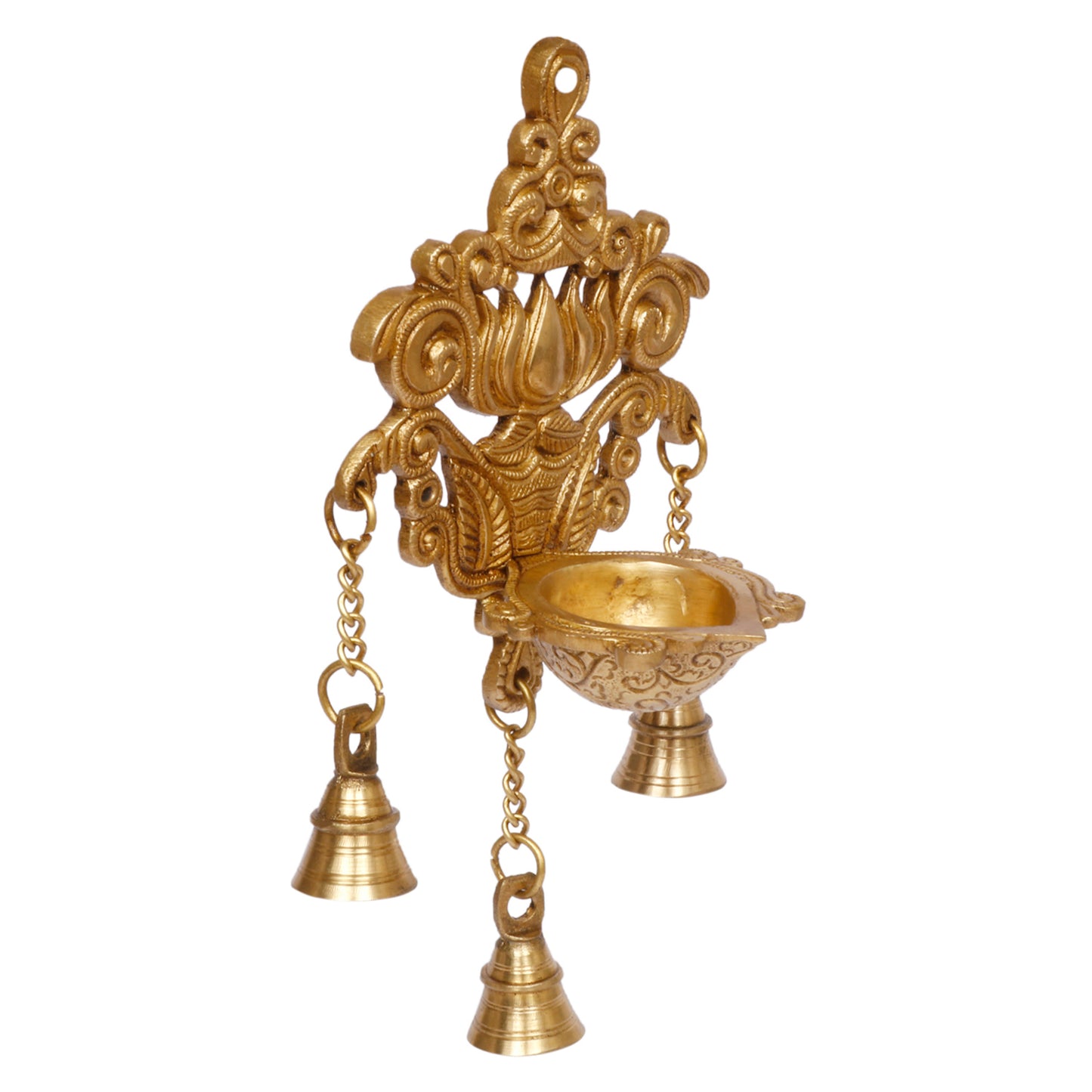 Brass Diya with Three Hanging Bells on Chain: Ideal for Designer Wall Diya, Home and Office Decor - SvarupArt