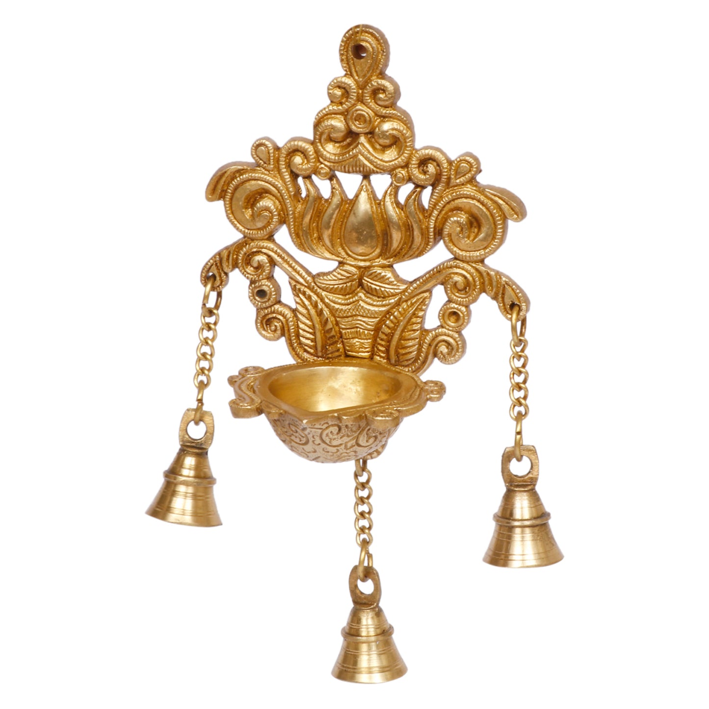 Brass Diya with Three Hanging Bells on Chain: Ideal for Designer Wall Diya, Home and Office Decor - SvarupArt