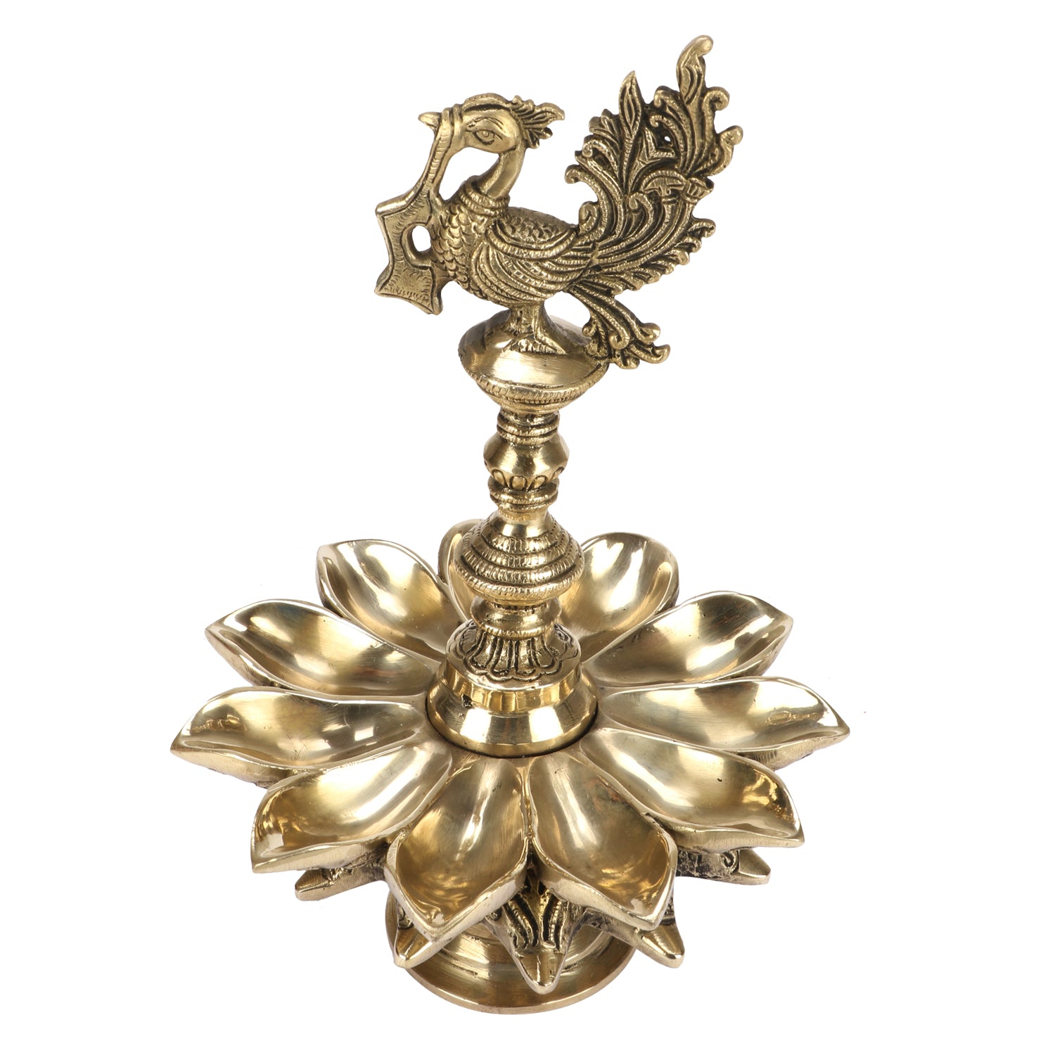 Brass Multi Diya Table Stand Diya With Peacock Perched on Central Pillar Deepam for Home Entrance Decor - SvarupArt