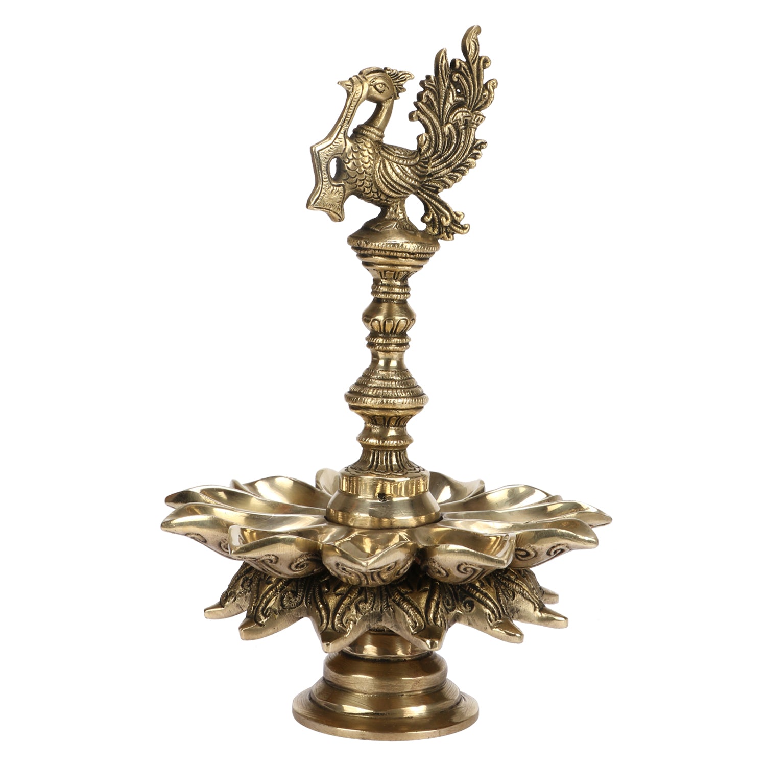 Brass Multi Diya Table Stand Diya With Peacock Perched on Central Pillar Deepam for Home Entrance Decor - SvarupArt