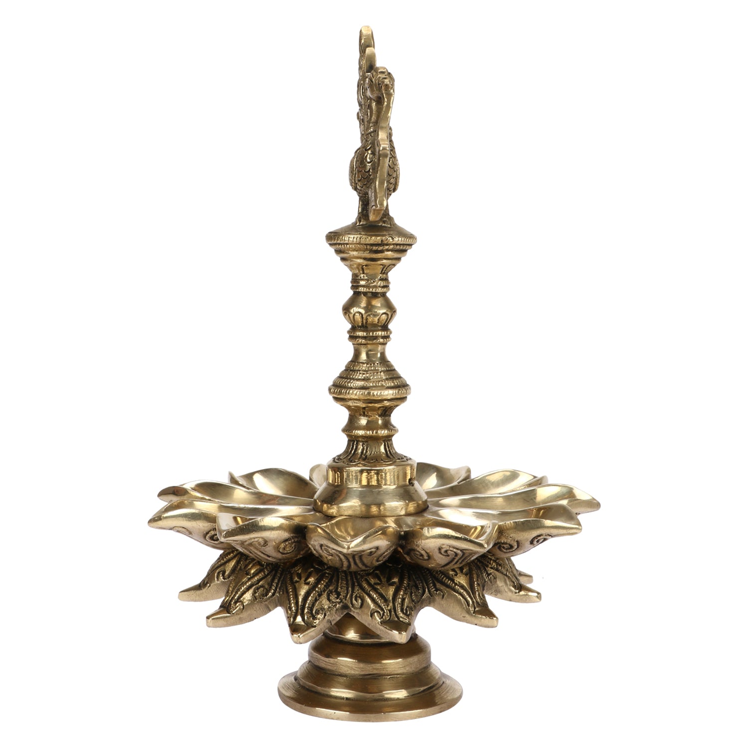 Brass Multi Diya Table Stand Diya With Peacock Perched on Central Pillar Deepam for Home Entrance Decor - SvarupArt