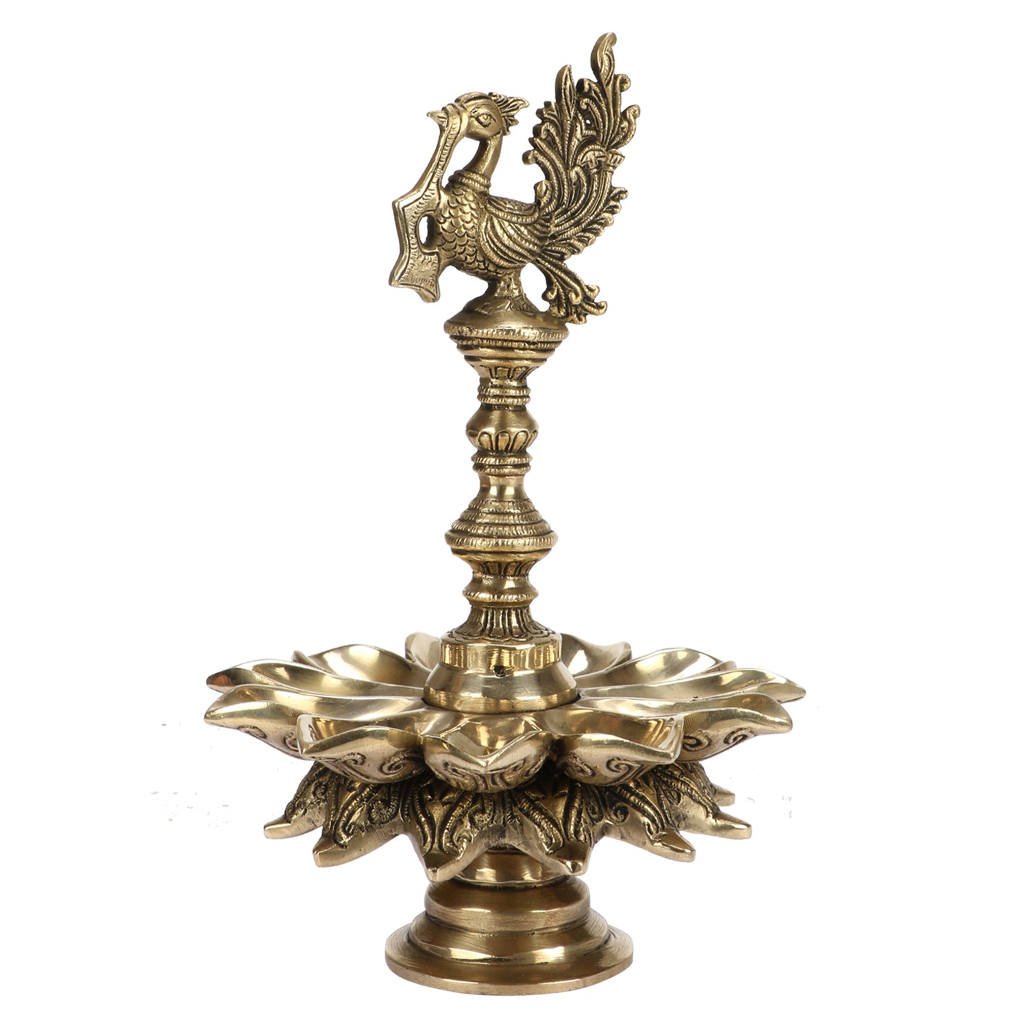 Brass Multi Diya Table Stand Diya With Peacock Perched on Central Pillar Deepam for Home Entrance Decor - SvarupArt