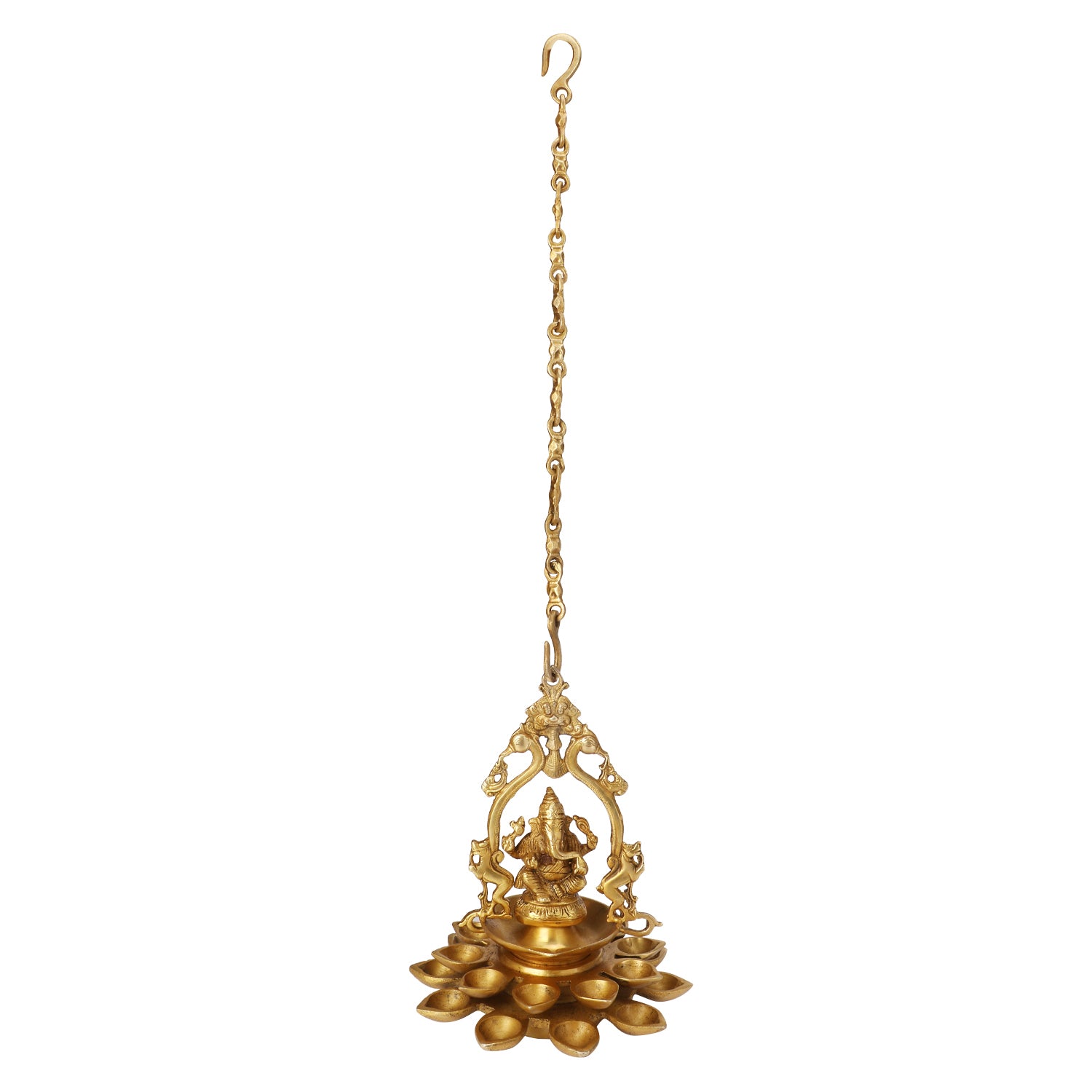 Brass Lord Ganesh Idol with Multi Diya: Home Entrance Decor, Diwali Gift - SvarupArt