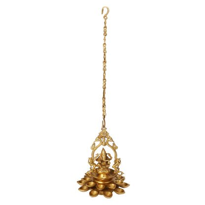 Brass Lord Ganesh Idol with Multi Diya: Home Entrance Decor, Diwali Gift - SvarupArt