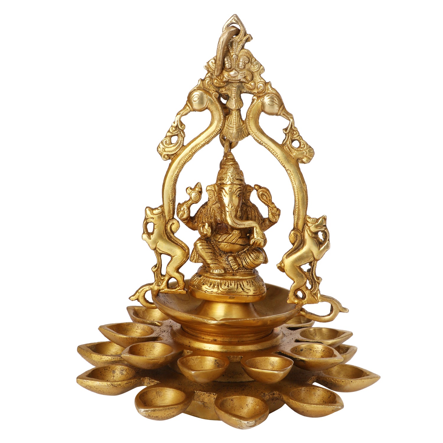 Brass Lord Ganesh Idol with Multi Diya: Home Entrance Decor, Diwali Gift - SvarupArt