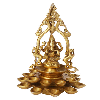 Brass Lord Ganesh Idol with Multi Diya: Home Entrance Decor, Diwali Gift - SvarupArt