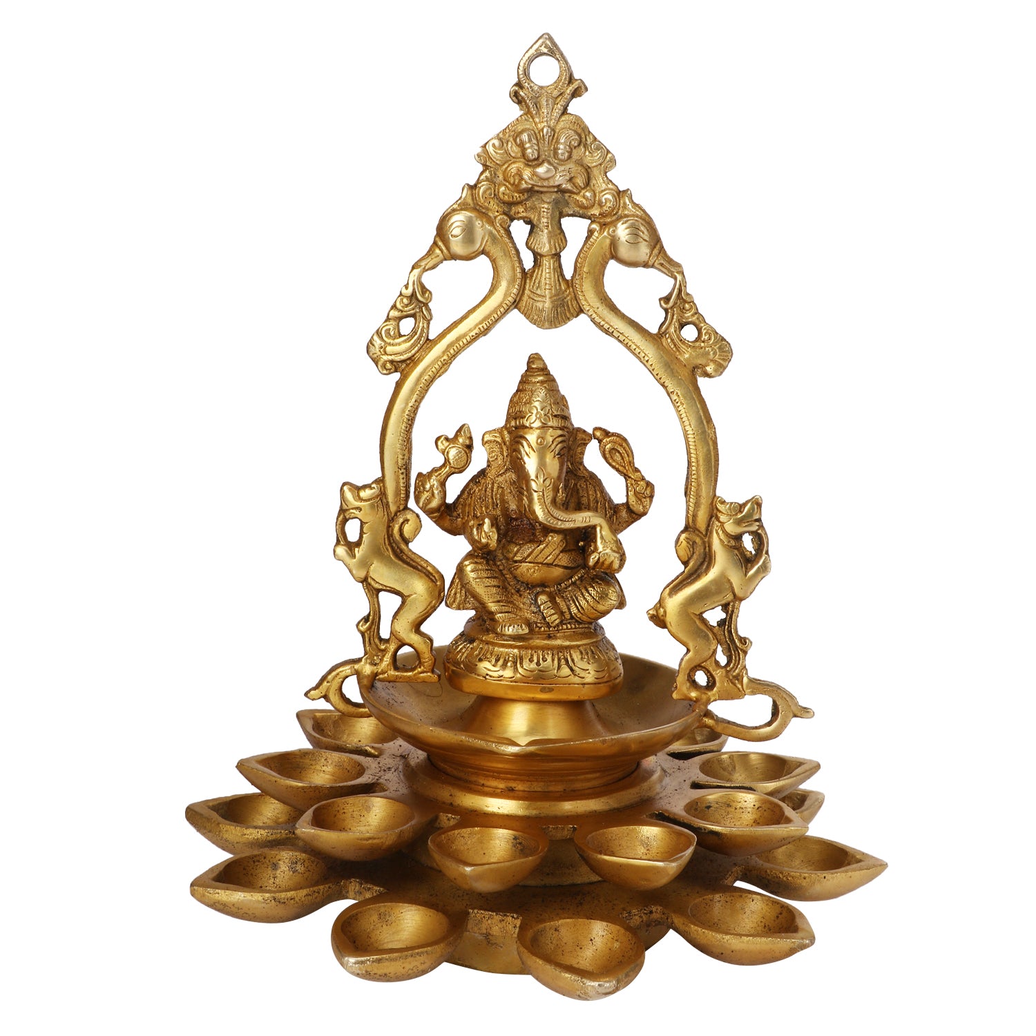 Brass Lord Ganesh Idol with Multi Diya: Home Entrance Decor, Diwali Gift - SvarupArt