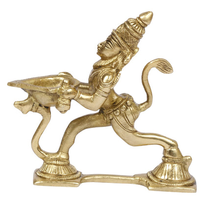 4.5 Inch Gold Color Brass Hanuman Ji Aarti Deepak with Handle: Can be used as Camphor Burner and Hand Held Arti Diya - SvarupArt