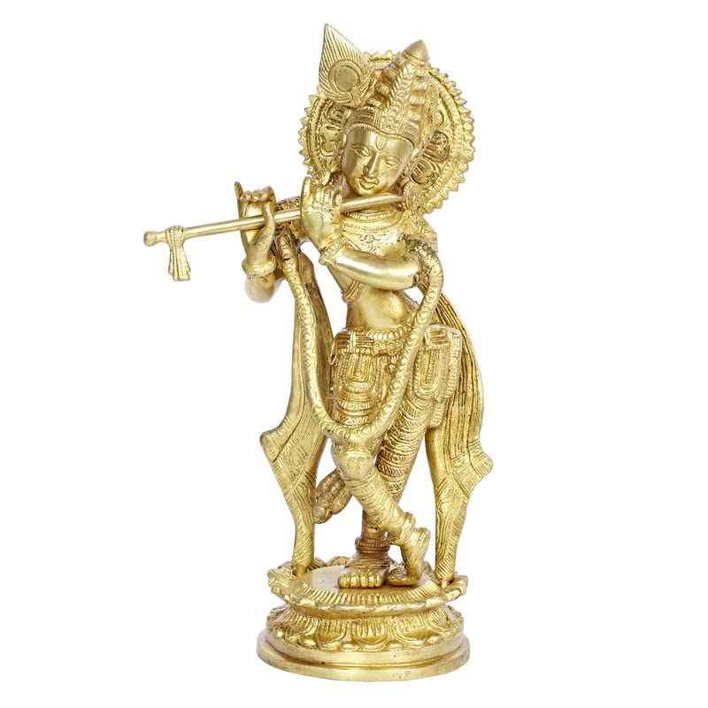 Brass Krishna Bhagwan Murti in Gold Color Height 11 Inch