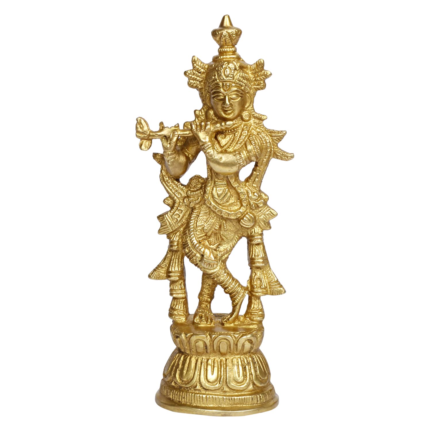 Brass Krishna Murti in Gold Color Height 6.75 Inch - SvarupArt