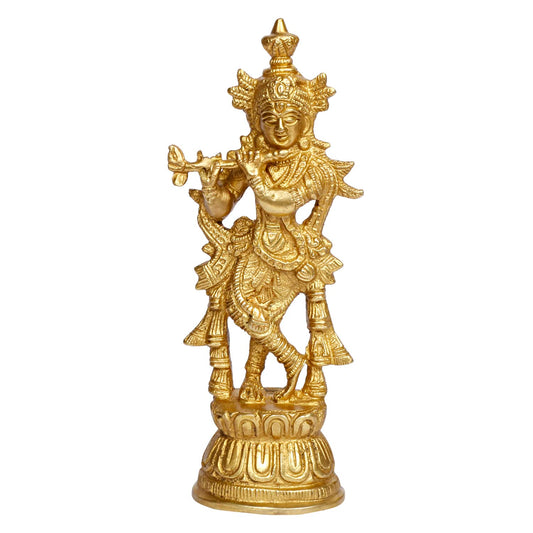 Brass Krishna Murti in Gold Color Height 6.75 Inch - SvarupArt