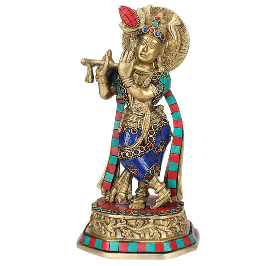 Brass Krishna Bhagwan Murti in Multicolor Height 10 Inch - SvarupArt