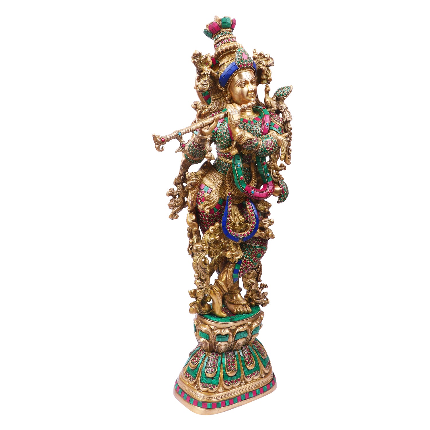 Brass Krishna Standing Murti in Multicolor Height 29 Inch - SvarupArt