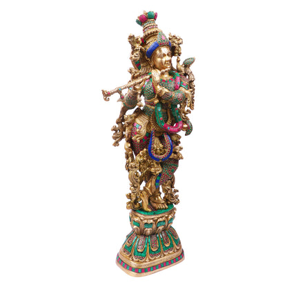 Brass Krishna Standing Murti in Multicolor Height 29 Inch - SvarupArt