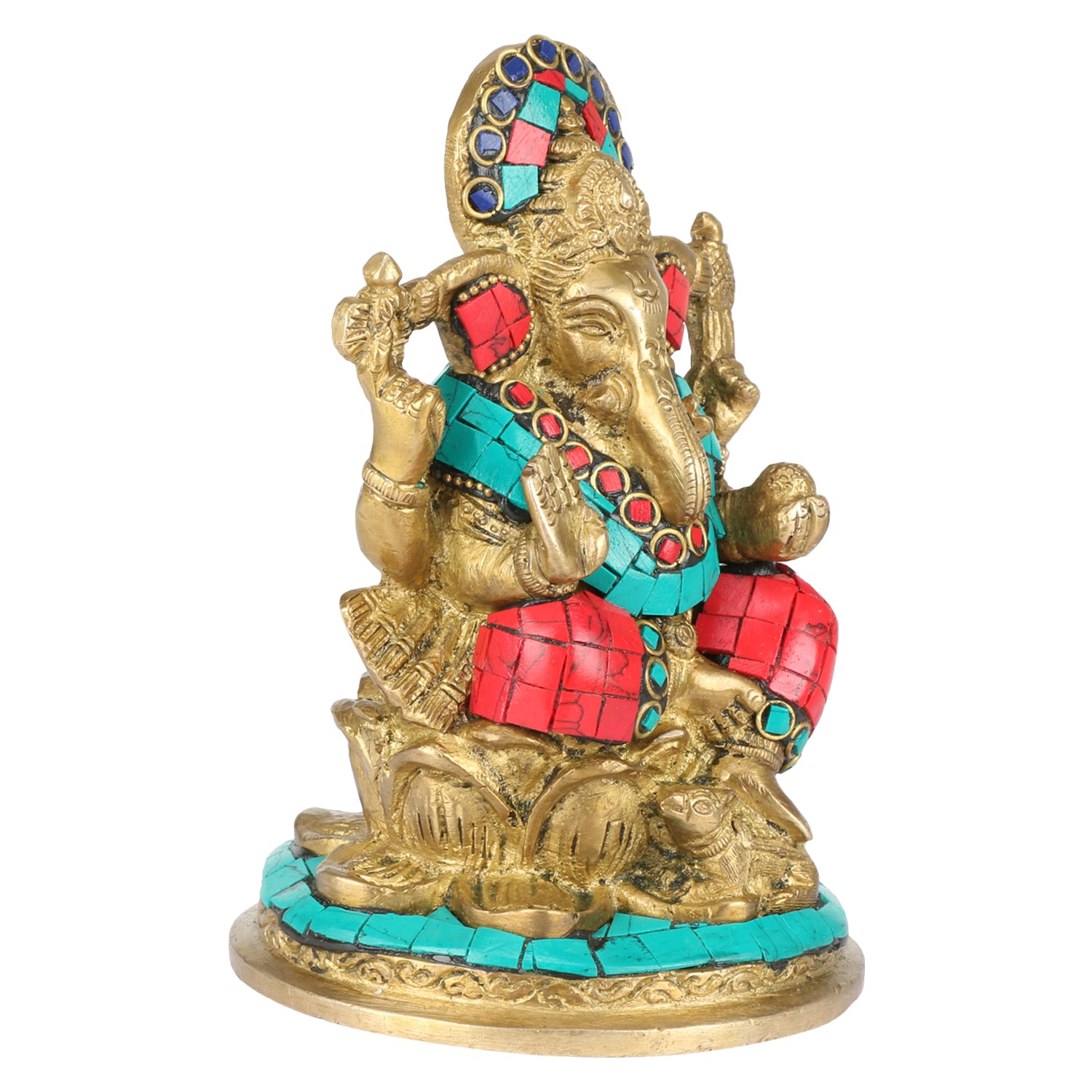 Brass Sitting Ganesha Idol In Multicolor Height 7 Inch Weight 2 Kg - SvarupArt