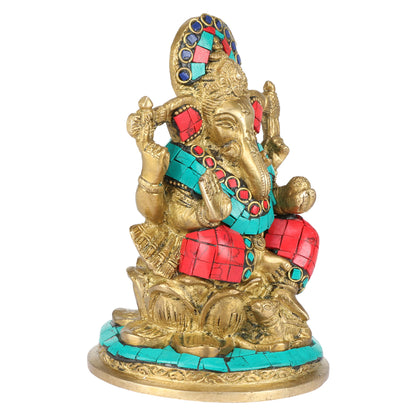 Brass Sitting Ganesha Idol In Multicolor Height 7 Inch Weight 2 Kg - SvarupArt