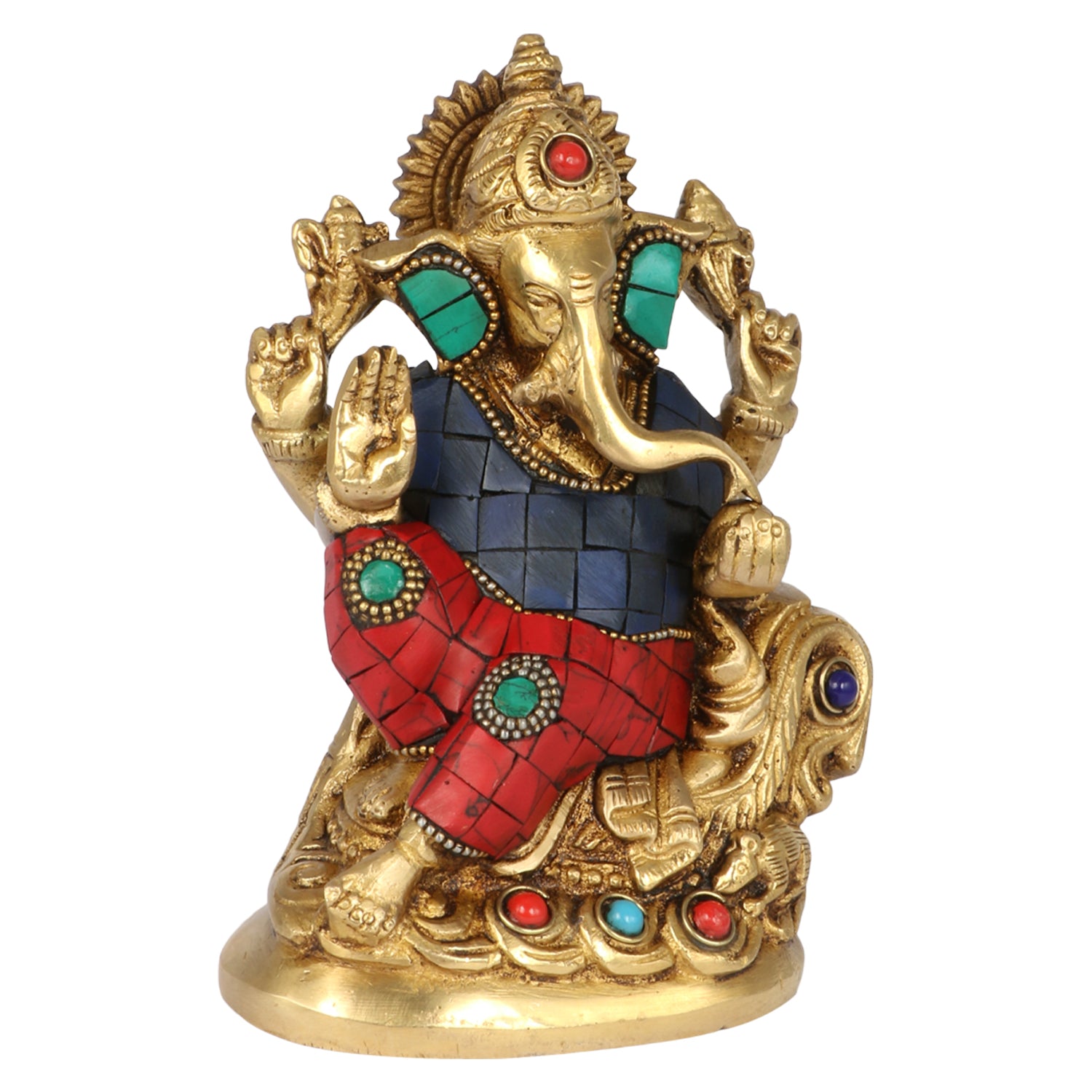 Brass Sitting Ganesha Idol In Multicolor Height 5 Inch Weight 1.05 Kg - SvarupArt