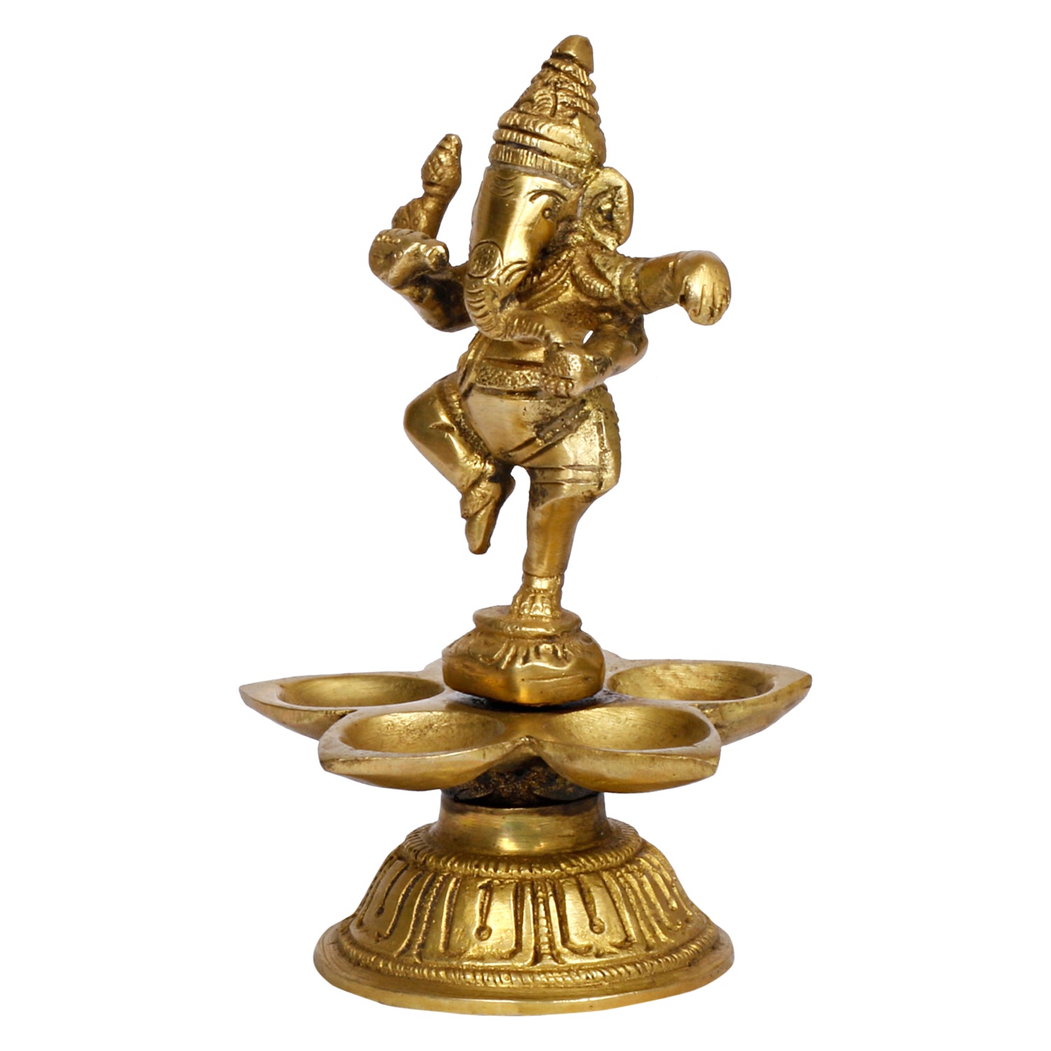 Brass Dancing Ganesh Diya for Puja Room: Handmade, Tabletop with Stand, Perfect for Home and Office Decor - SvarupArt