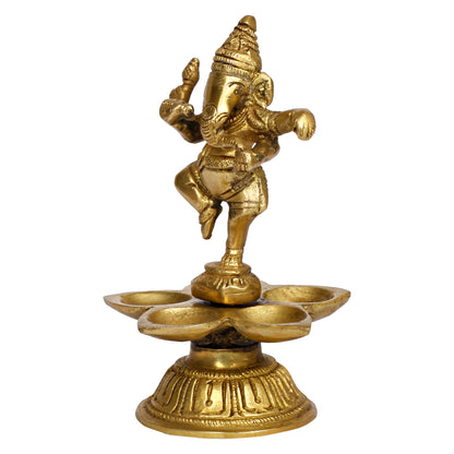 Brass Dancing Ganesh Diya for Puja Room: Handmade, Tabletop with Stand, Perfect for Home and Office Decor - SvarupArt