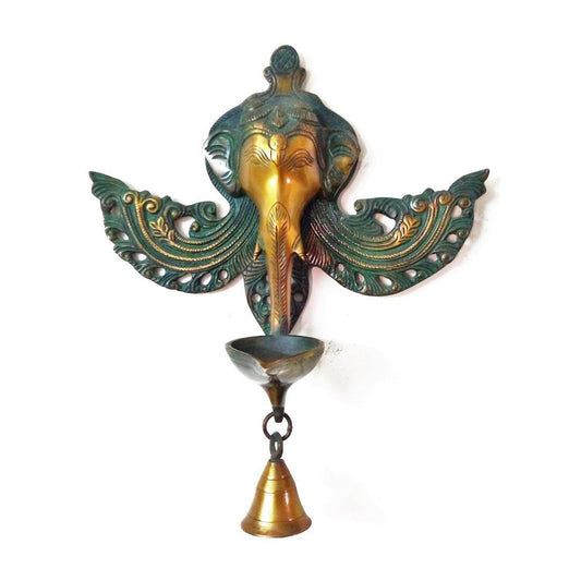 Brass Ganesha Wall Hanging with Diya & Bell: Ideal for Diwali, Home Dcor & Festive Gifts. - SvarupArt