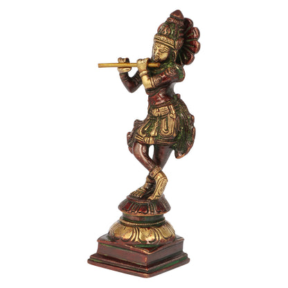Brass Krishna Bhagwan Statue in Antique Gold and Green Color Height 2 Inch - SvarupArt
