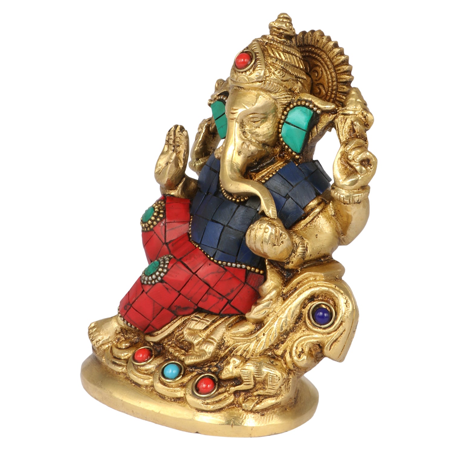 Brass Sitting Ganesha Idol In Multicolor Height 5 Inch Weight 1.05 Kg - SvarupArt