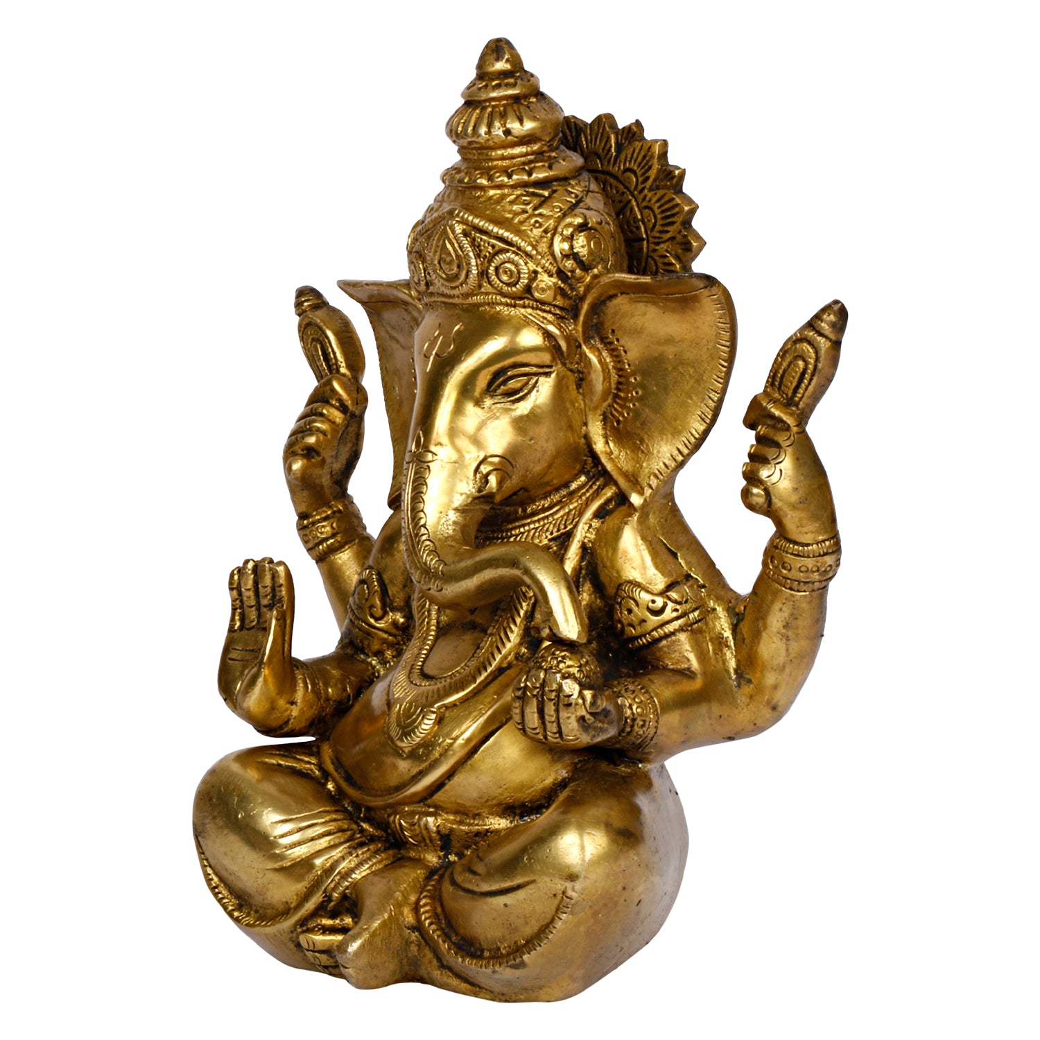 Brass Sitting Ganesha Idol In Gold Color Height 9 Inch Weight 2 Kg - SvarupArt
