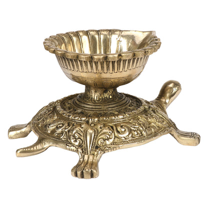 Brass Large Size Diya Deepak: Ideal for Puja Room, featuring a Tortoise (Kachua) Statue - SvarupArt