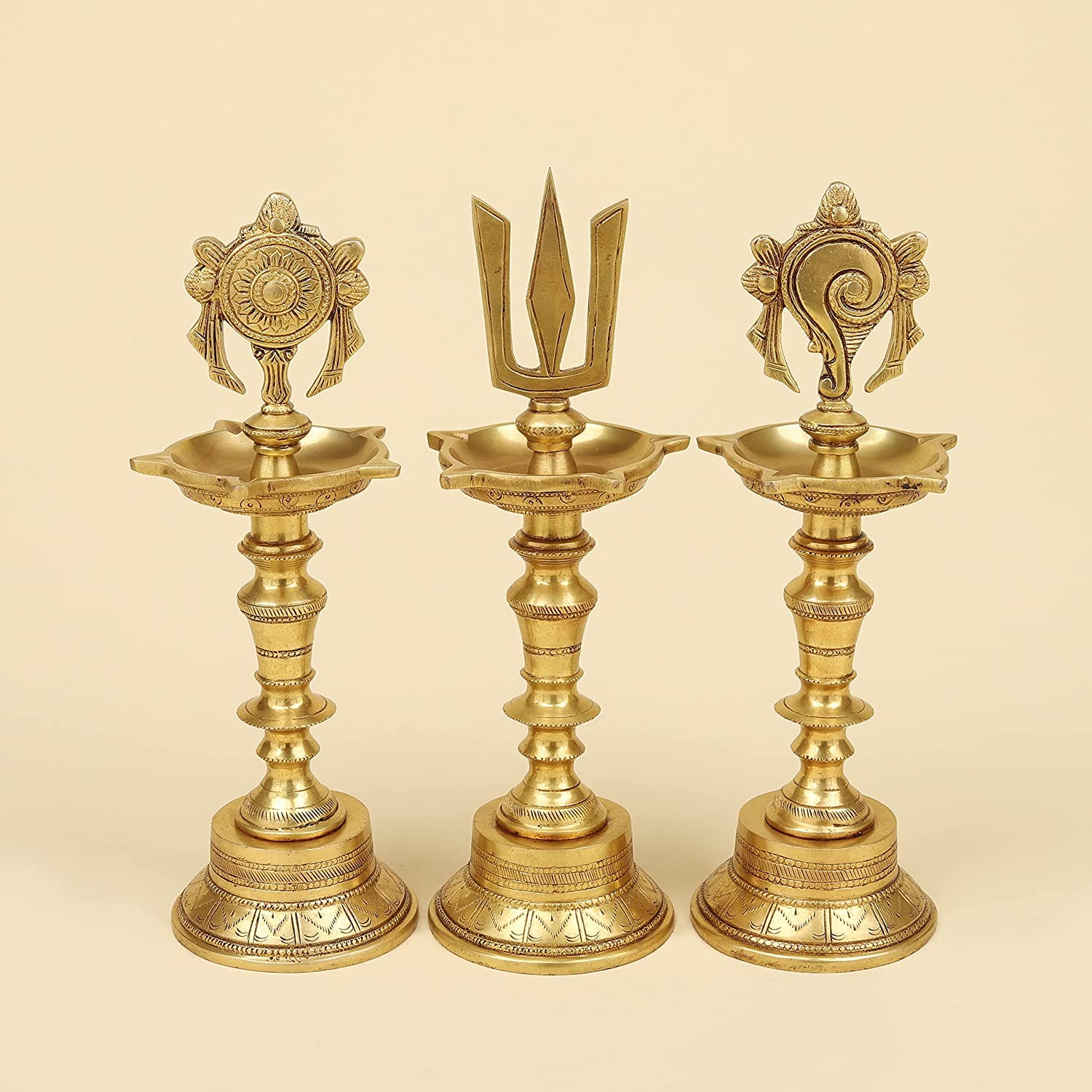 11 Inch Gold Color Brass Shankh Chakra Namah Diya Showpiece: Ideal for Home Decor - SvarupArt