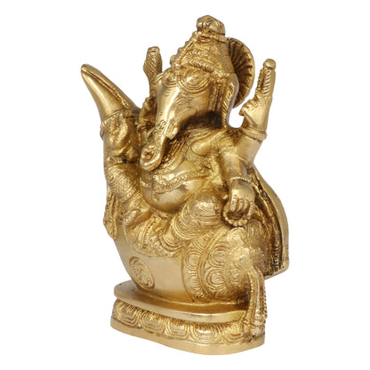 Brass Sitting Ganesha Idol In Gold Color Height 10.5 Inch Weight 1.7 Kg - SvarupArt