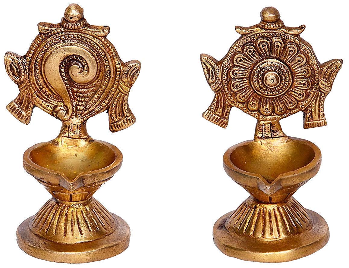 Brass Shankha-Chakra Diya Set: Home Temple Aarti Deepam, Puja Jyot, Table Mandir - SvarupArt