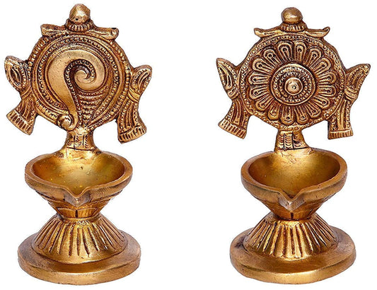 Brass Shankha-Chakra Diya Set: Home Temple Aarti Deepam, Puja Jyot, Table Mandir - SvarupArt