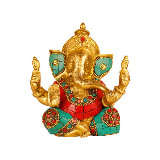 Brass Sitting Ganesha Idol In Multicolor Height 6 Inch Weight 0.99 Kg - SvarupArt