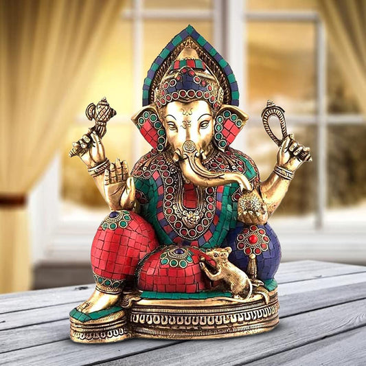 Brass Ganesha Idol for Home Decoration Ganpati Statue Murti for Gift Height 13 Inch Weight 7.5 Kg Color Multicolor - SvarupArt