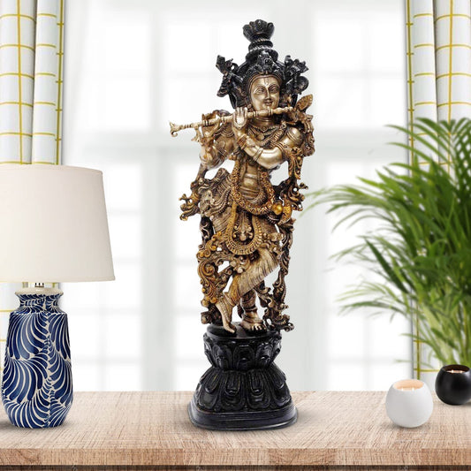Brass Krishna Statue Murli Kishan Murti Gold Color - SvarupArt