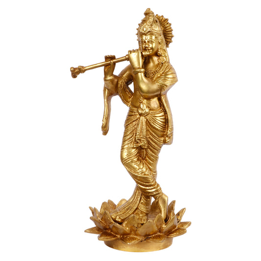 Brass Krishna Murti on Lotus in Gold Color Height 11 Inch - SvarupArt