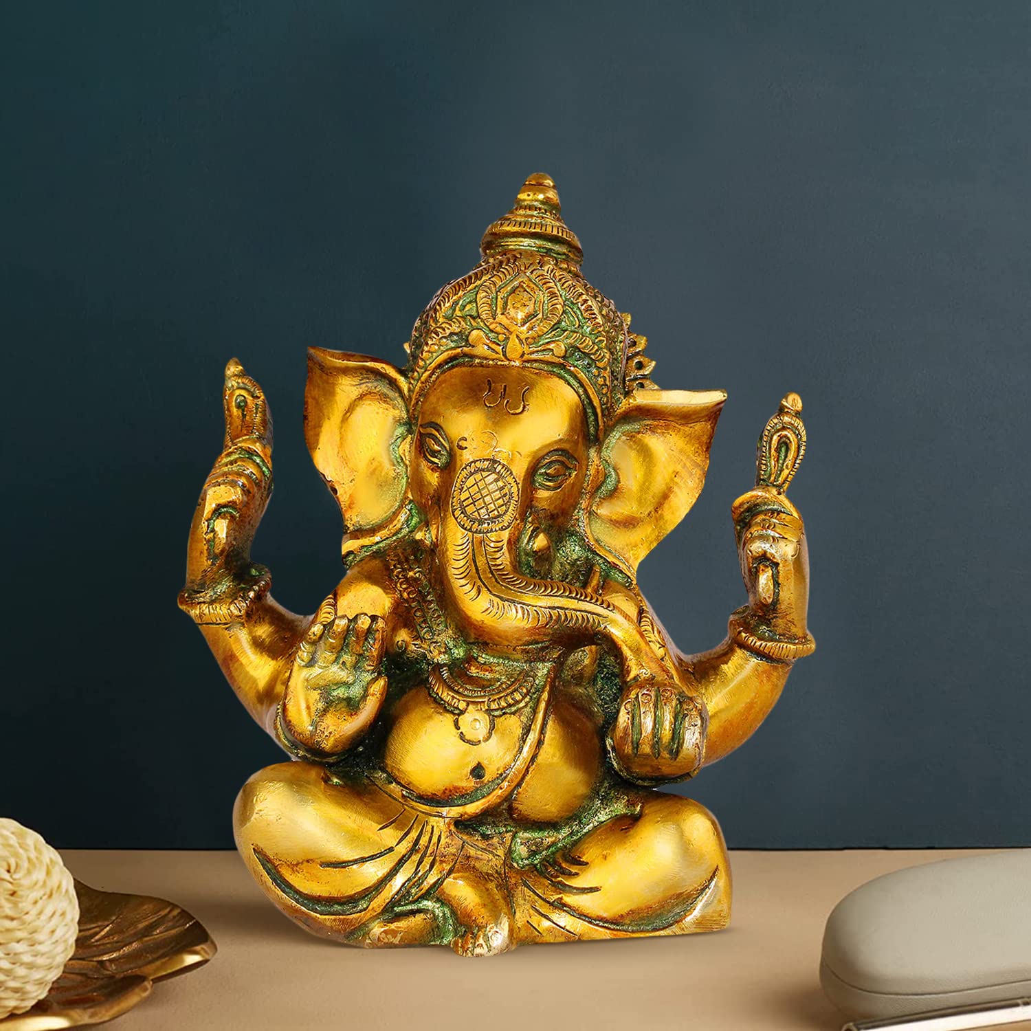 Brass Sitting Ganesha Idol In Multicolor Height 7 Inch Weight 1.5 Kg - SvarupArt
