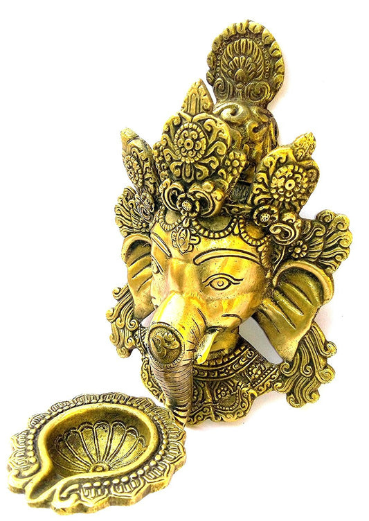 Brass Ganesha Idol with Lamp on Trunk: For Diwali, Home Decor & Wall Gifts. - SvarupArt