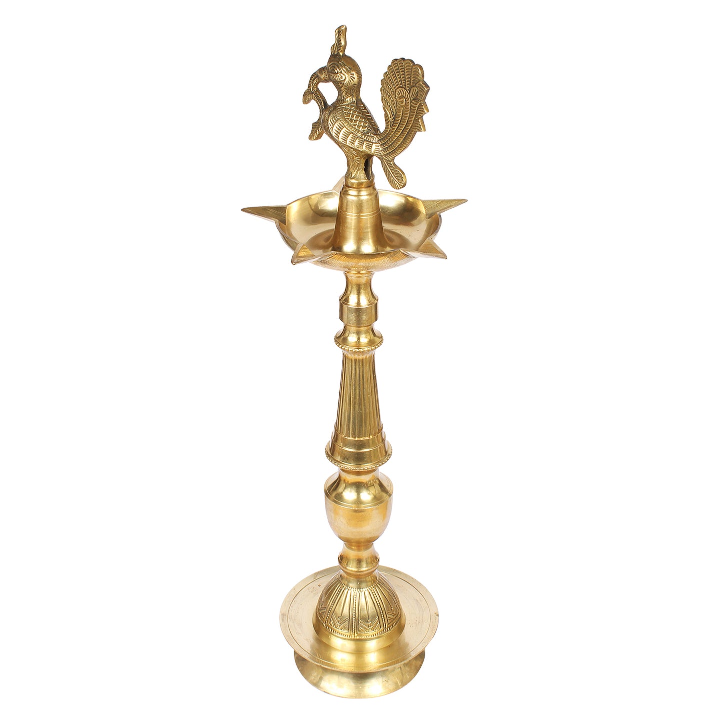 Brass Peacock Puja Lamp: Traditional 30 Inch Kuthu Vilakku for Entrance & Mandir Decor, Gold Color Color, Large Size